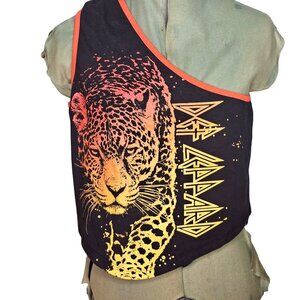 Woman's animal core leopard Def Lepard boho-chic one shoulder rocker graphic tee
